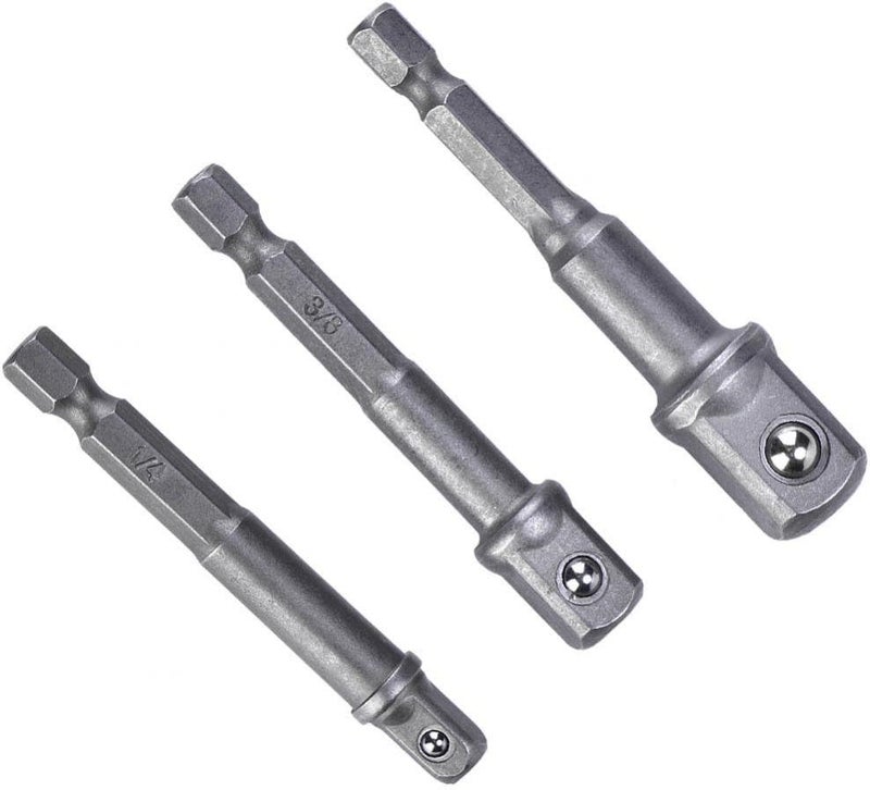 woobles Socket Bit Adapter, 3Pcs Socket Adapter 1/4” Hex Shank to 1/4" 3/8" 1/2" Square Head Drill Bit Driver(Silver) - Image 5